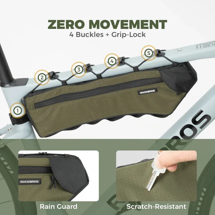 Bicycle frame bag with zero movement feature and additional features highlighted on a white background.