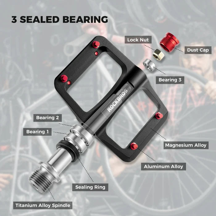 ROCKBROS bike pedals ultralight magnesium with red anti-slip pins