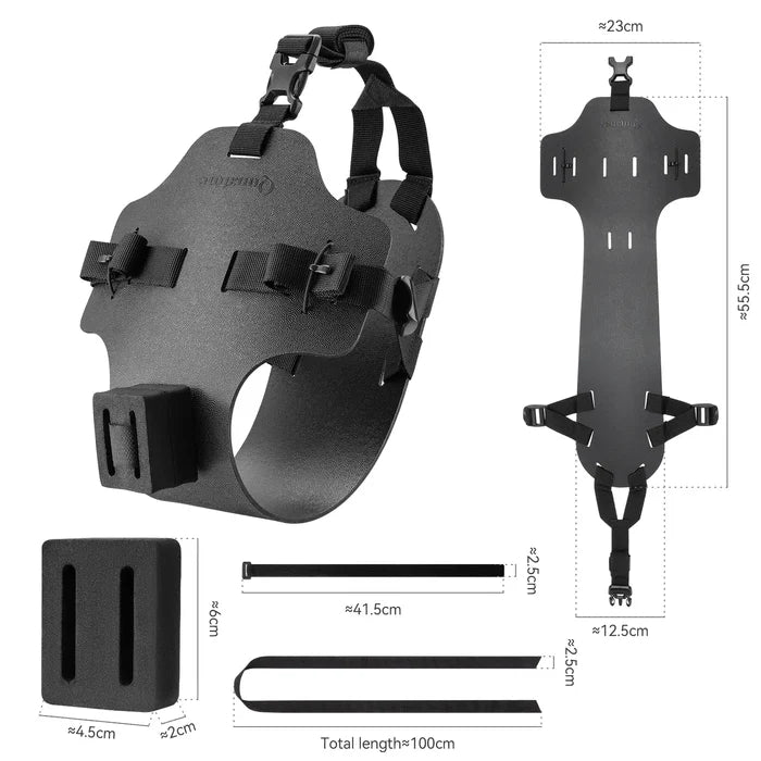 Black dog muzzle with measurement details on a white background