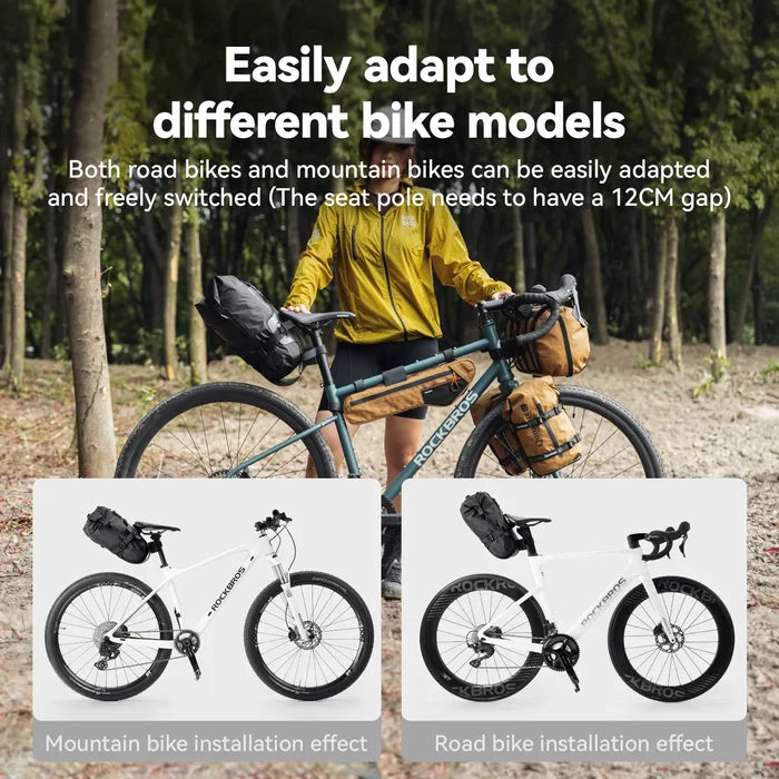 Person with a bike in a forest setting with text about bike model adaptability.