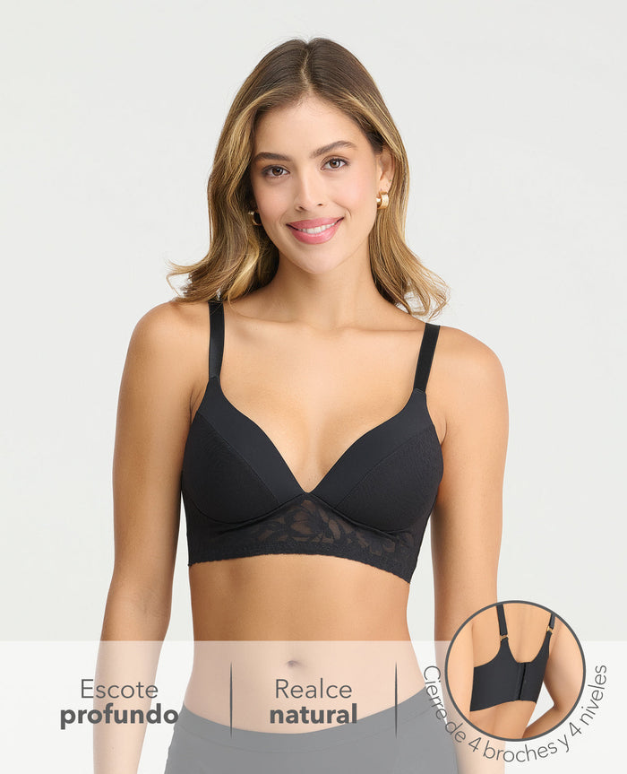 Brasier negro de realce natural con detalles en encaje, escote profundo y cargaderas ajustables para mujer.