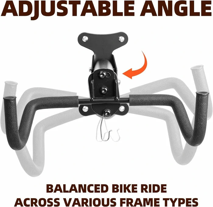 Foldable wall-mounted bike rack with double protective hooks and a 15kg load capacity, designed to save space and prevent frame scratches.