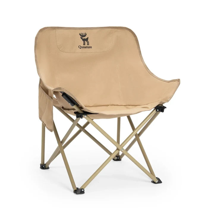 Beige camping chair with a brand logo on a white background#color_khaki