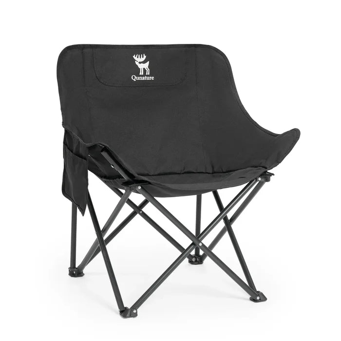 Black folding chair with a logo on a white background#color_black