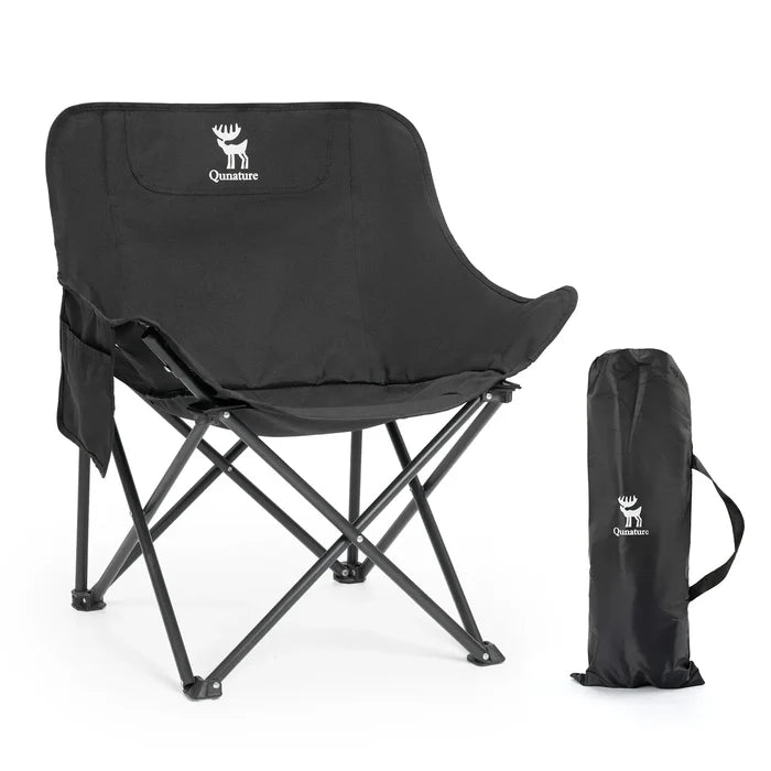 Black camping chair with carrying bag on a white background#color_black