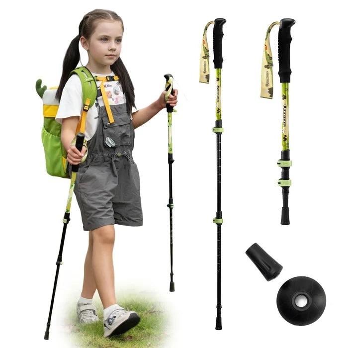 Child with hiking gear including a backpack, poles, and accessories on a white background#color_yellow
