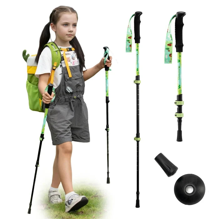 Child with hiking gear including a backpack, poles, and accessories on a white background#color_green