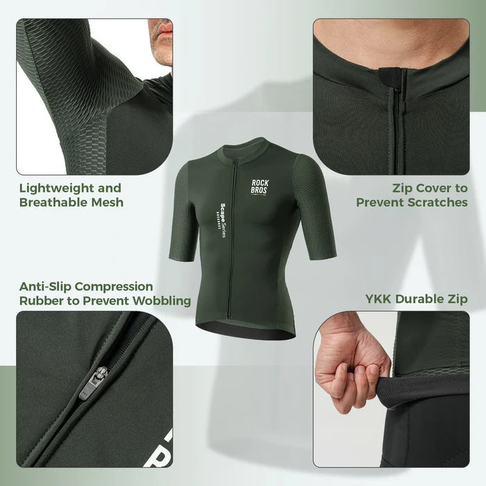 ROCKBROS mens cycling jersey short sleeve dark sage green