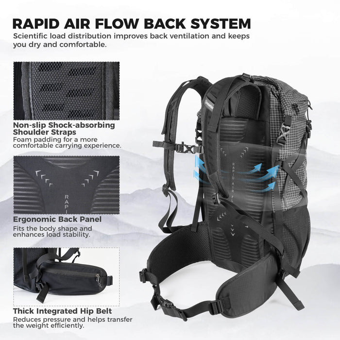 Qunature lightweight hiking backpack designed for outdoor adventures, offering comfort, durability, and practical storage options.