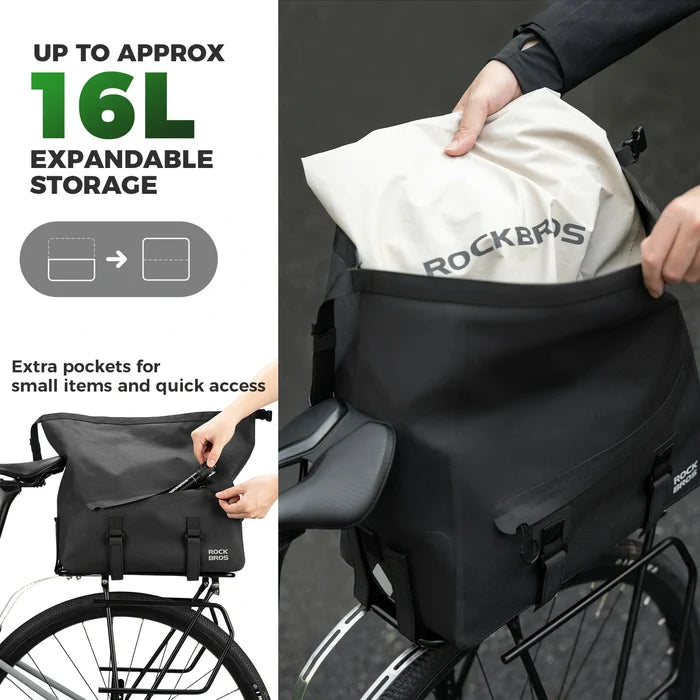 ROCKBROS bike rear rack bag waterproof rolltop expandable 16 l#Color_Black