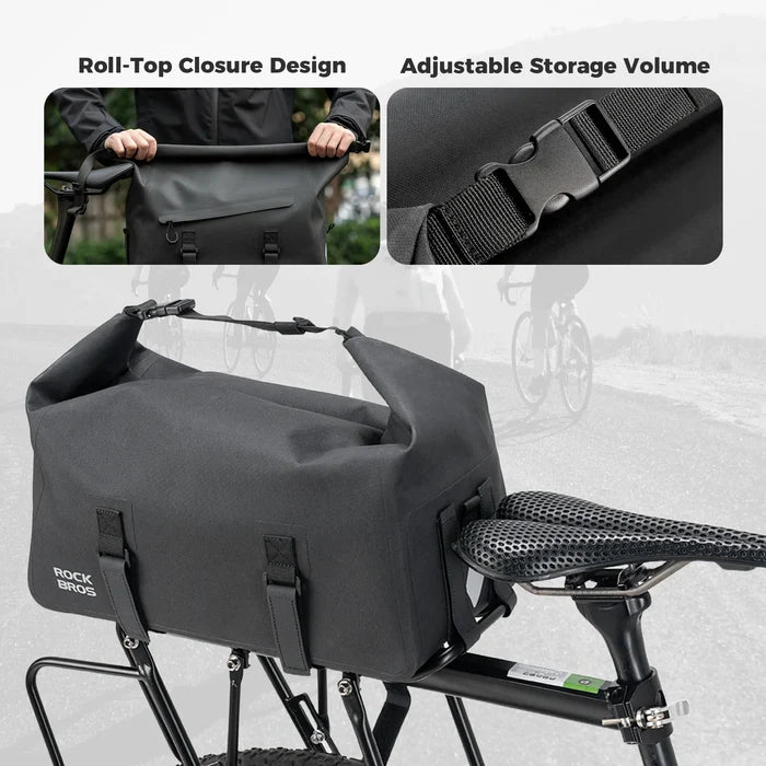 ROCKBROS bike rear rack bag waterproof rolltop expandable 16 l#Color_Black