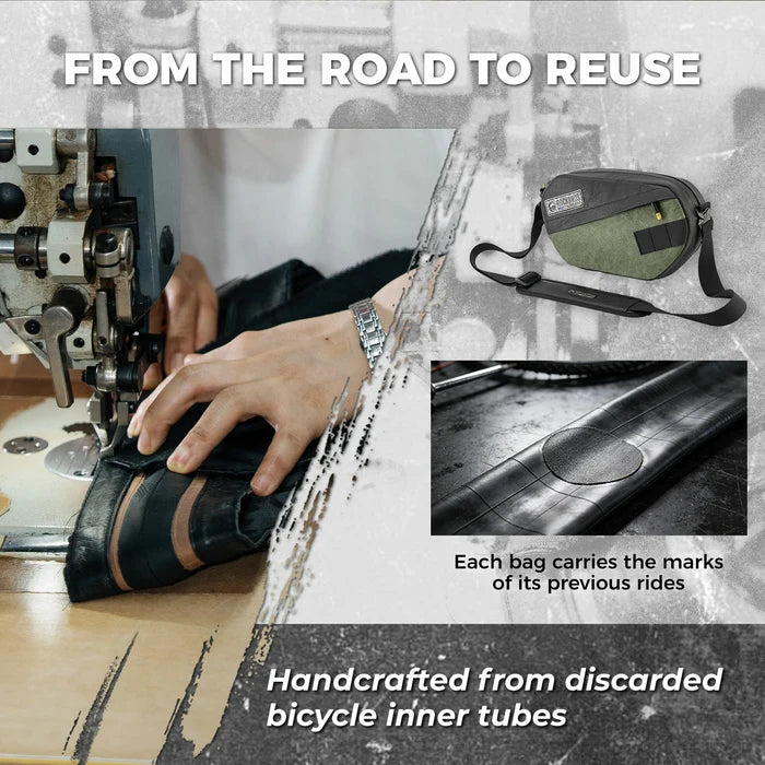 Sustainable eco-friendly recycled tire bike handlebar bag for cyclists