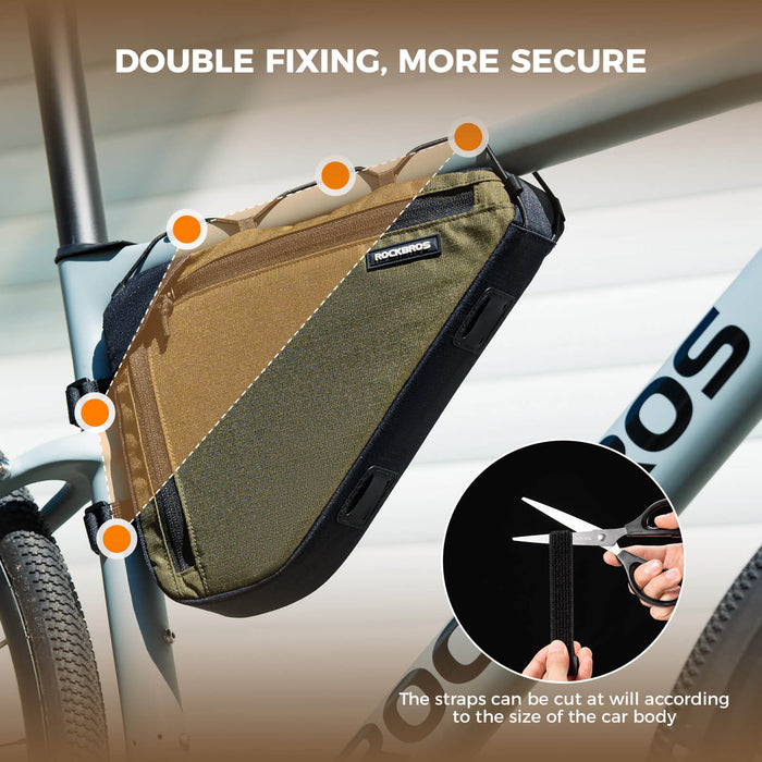 ROCKBROS 1.5L bike frame triangle bag B128, compact and durable design for convenient storage of essentials during cycling trips.