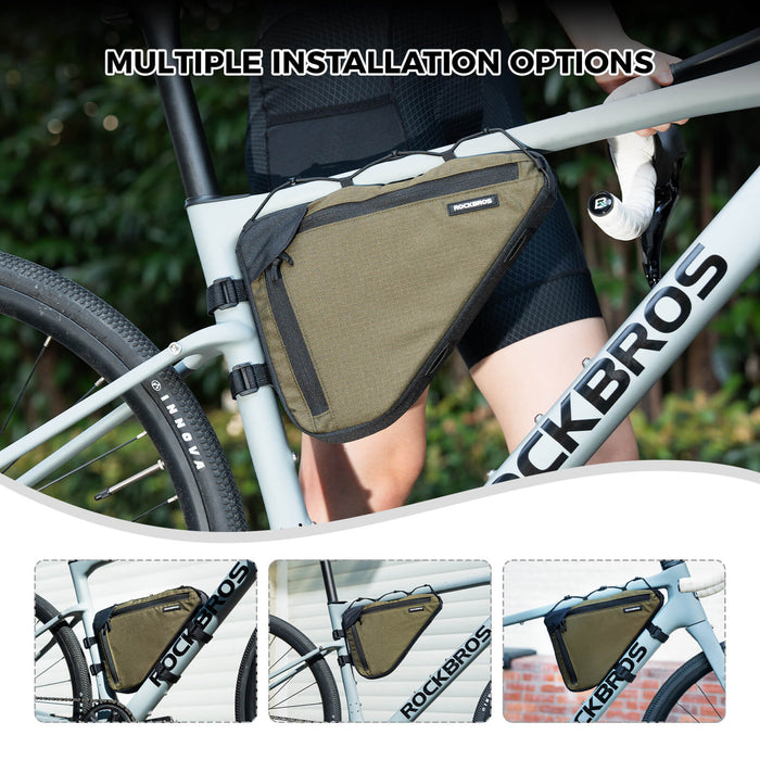 ROCKBROS 1.5L bike frame triangle bag B128, compact and durable design for convenient storage of essentials during cycling trips.
