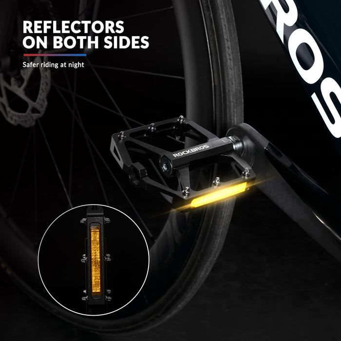 ROCKBROS Bike Pedals Aluminum Alloy Light Flat Pedals with Reflectors #Color_Black