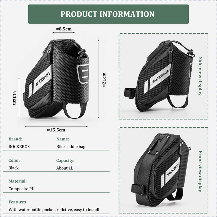 ROCKBROS Bike Saddle Bag Waterproof with Water Bottle Pocket Quick Release