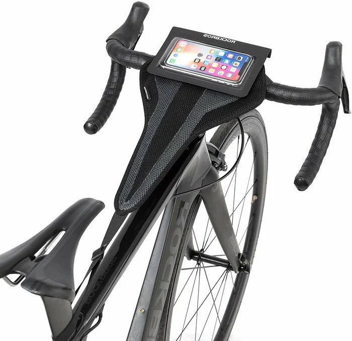 rockbros dual-layer sweat guard stretched between handlebar and seat-post on indoor #Style_Includes a phone pocket