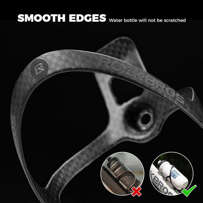 Lightweight ROCKBROS carbon fibre water bottle cages, designed for a secure hold and sleek fit on road and mountain bikes.