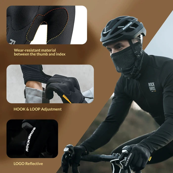 rockbros black windproof thermal full-finger cycling gloves