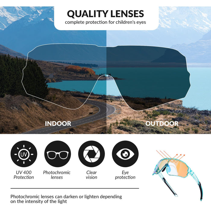 ROCKBROS Kids Photochromic Cycling Glasses UV400 Protection with TR90 Frame #Color_Transparent Blue