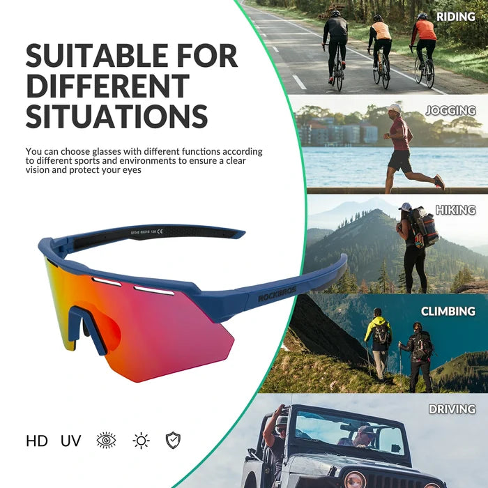 ROCKBROS Polarized Cycling Glasses with 4 Interchangeable Lenses #Color_Blue