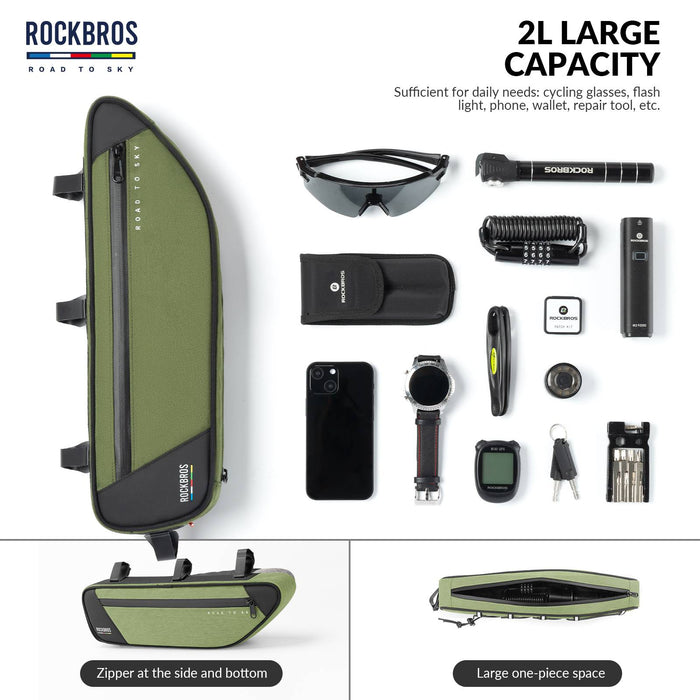 ROCKBROS Road-to-Sky Bike Frame Bag Reflective Waterproof Triangular Bag  #Color_Army Green