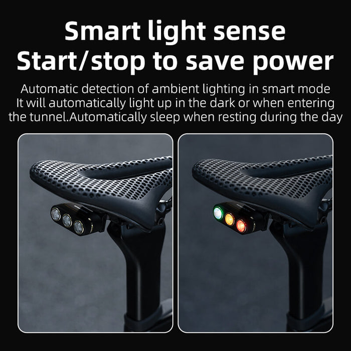 rockbros smart rear bike light with 3-colour led and brake-sensing technology