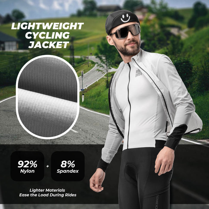 ROCKBROS ultra-light wind jacket, packable and breathable design ideal for wind protection during cycling and outdoor activities.