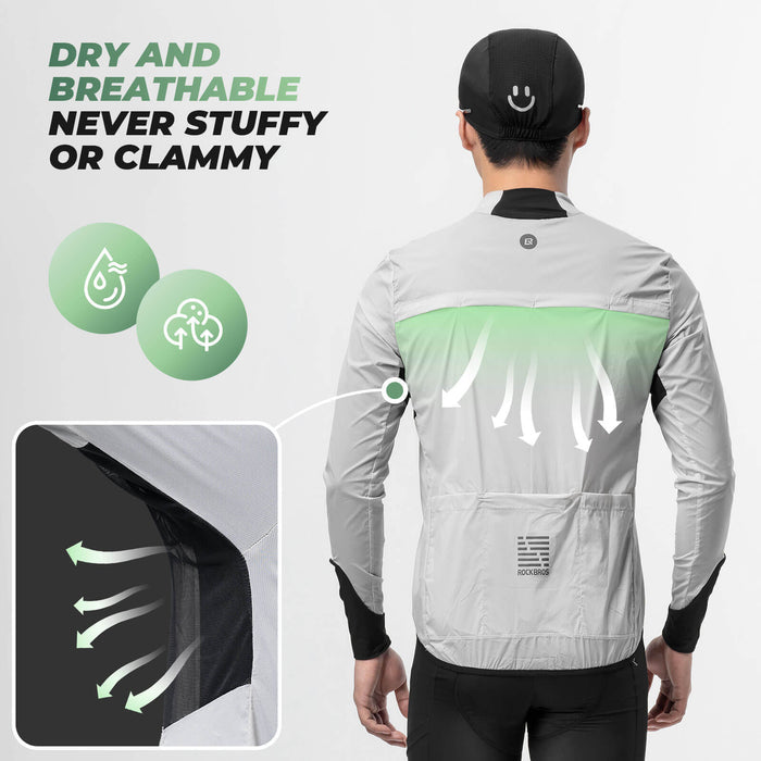 ROCKBROS ultra-light wind jacket, packable and breathable design ideal for wind protection during cycling and outdoor activities.