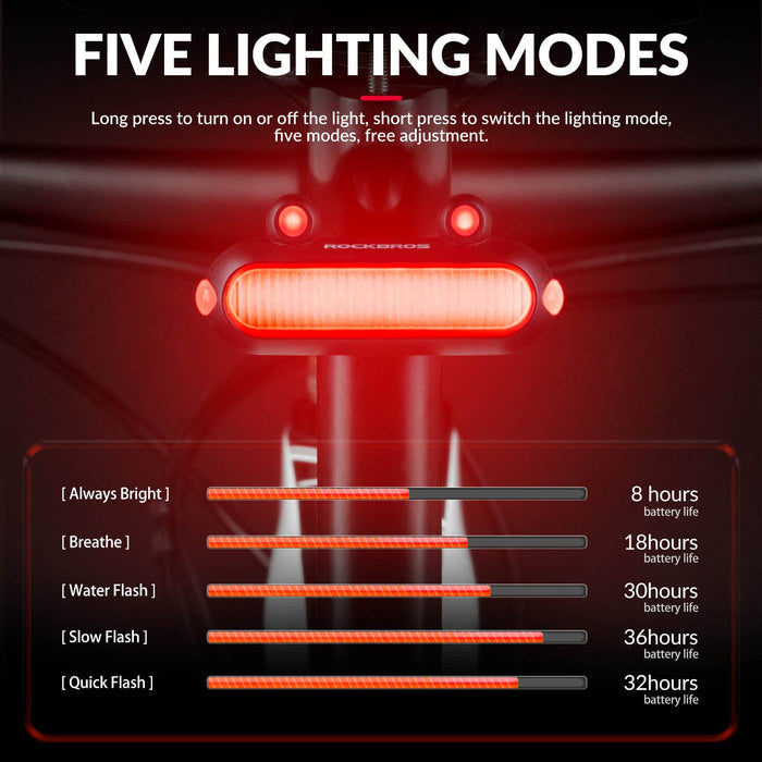 ROCKBROS  USB Rechargeable Waterproof LED Bike Rear Tail Light with 5 Modes