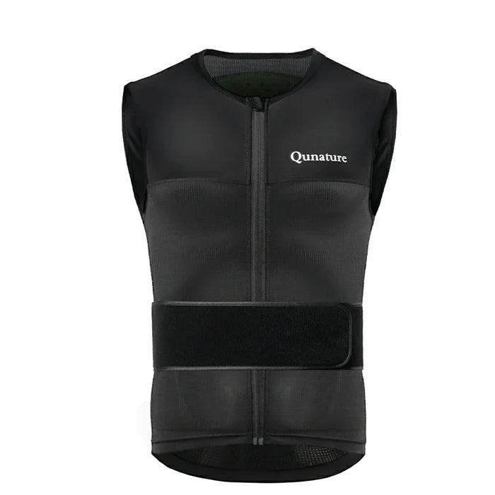 A black ski back vest with a front zipper and the brand 'Qunature' written on the upper front.