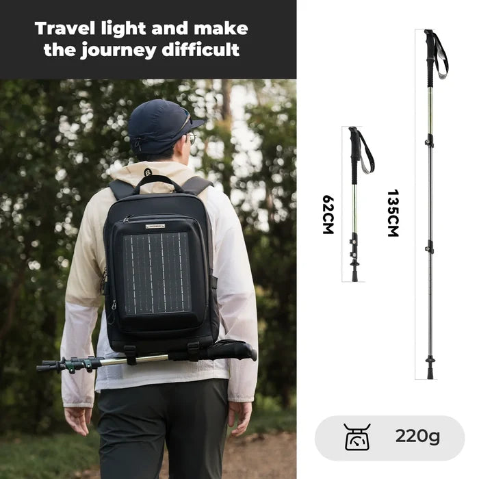 Person wearing a black backpack with solar panel, hiking pole, and measurement details on a white background.#color_green