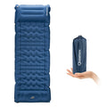 A lightweight inflatable blue camping sleeping pad with built-in pillow#Color_blue