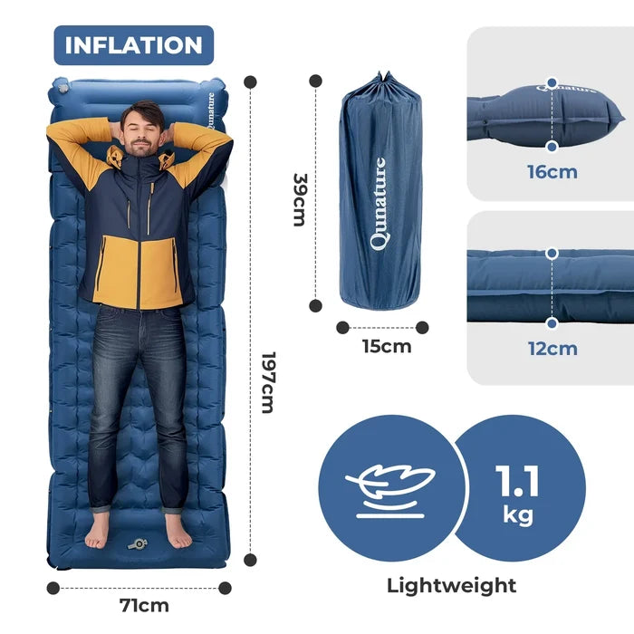 A lightweight inflatable blue camping sleeping pad with built-in pillow#Color_blue