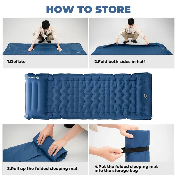 A lightweight inflatable blue camping sleeping pad with built-in pillow#Color_blue