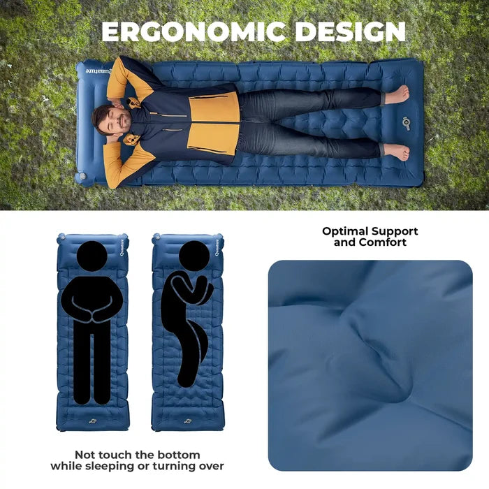 A lightweight inflatable blue camping sleeping pad with built-in pillow#Color_blue