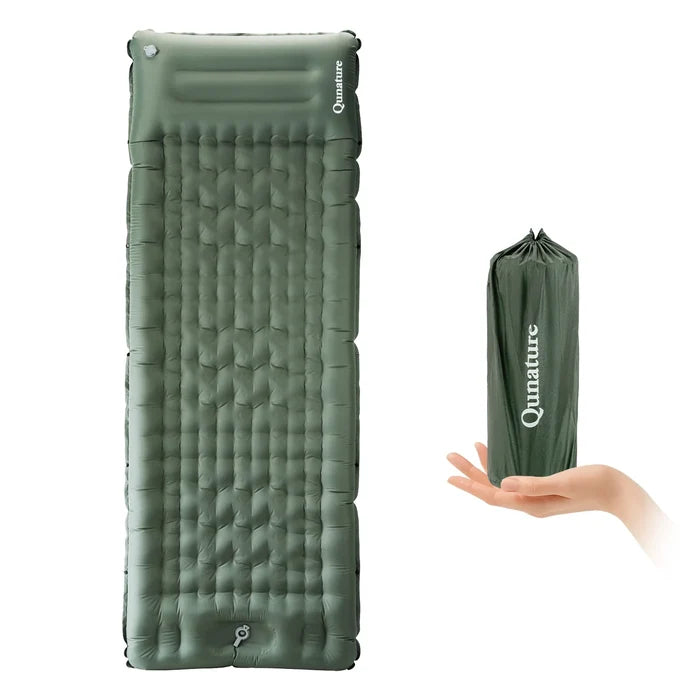 A lightweight inflatable blue camping sleeping pad with built-in pillow#Color_green