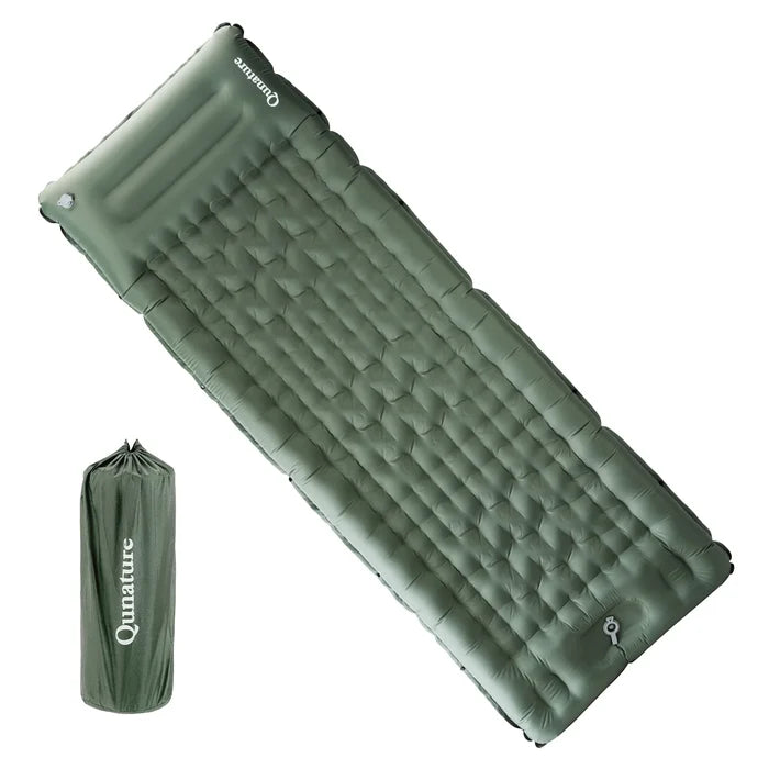A lightweight inflatable blue camping sleeping pad with built-in pillow#Color_green