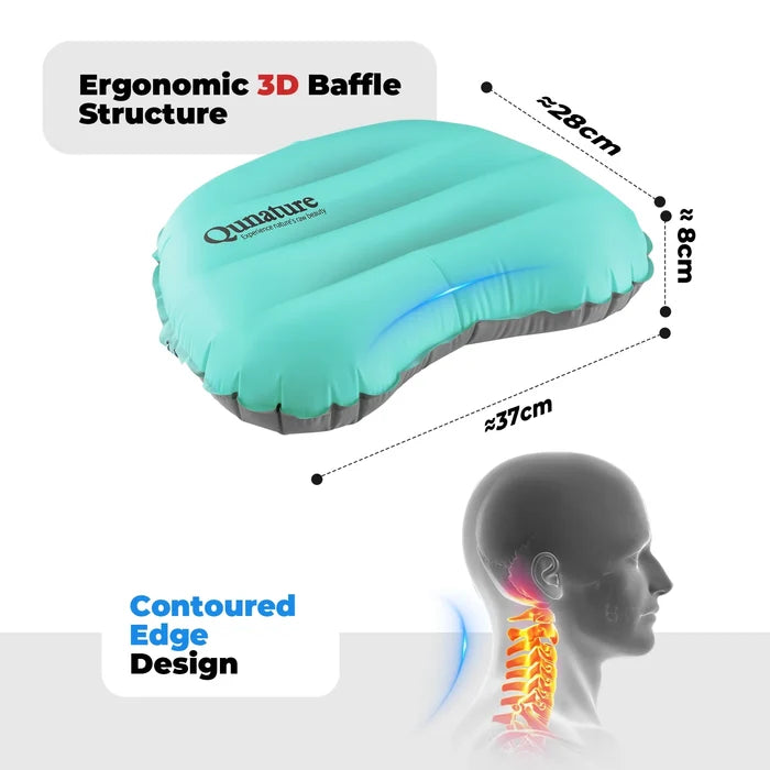 Inflatable pillow with ergonomic design features and Qunature branding on a white background#color_Blue