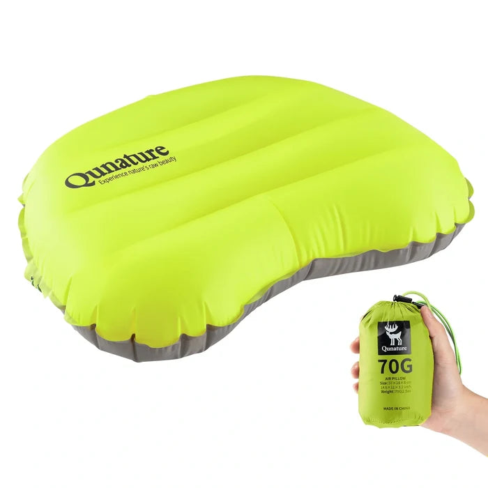Green inflatable pillow with a carrying bag labeled '70G' on a white background#color_Lime Green