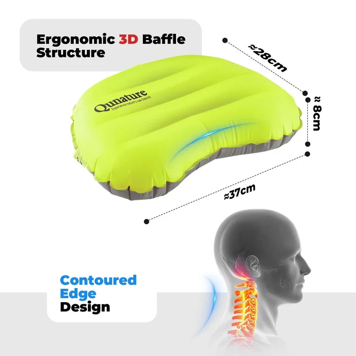 Inflatable pillow with ergonomic design features and Qinnacle branding on a white background#color_Lime Green