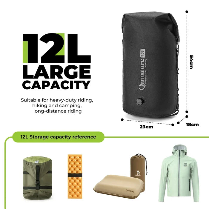Black Qunature backpack with dimensions and capacity details on a white background