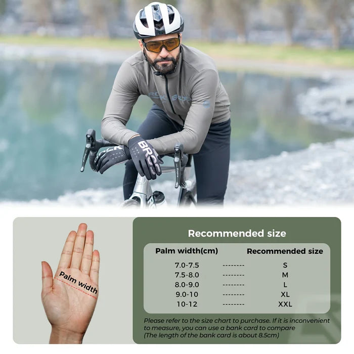 Winter cycling gloves for men and women thermal for outdoor sports with a size chart overlay